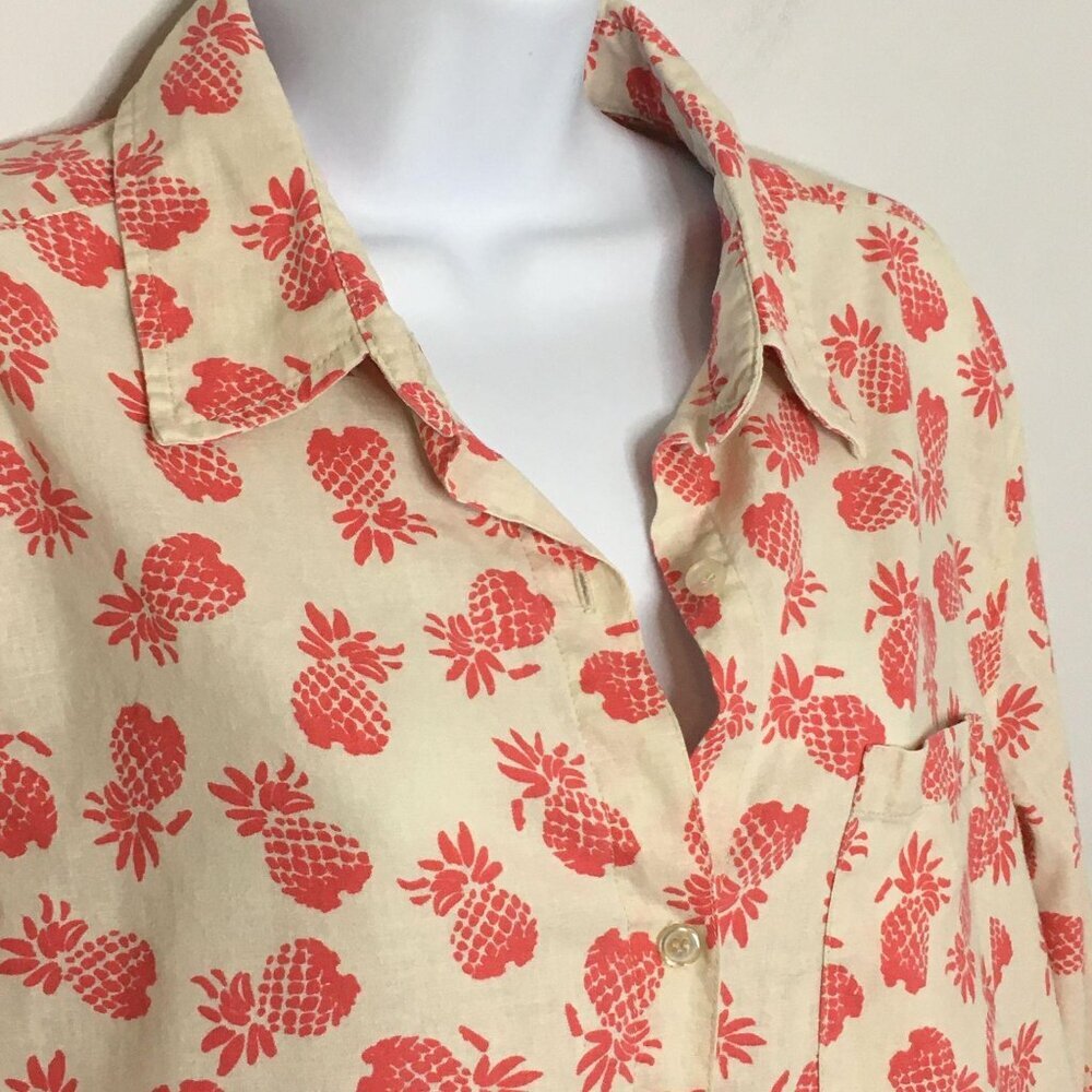 Paradise Shores Womens LINEN Blend Tunic Top M Pink Ivory PINEAPPLE Button Up